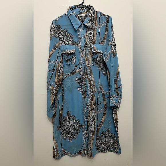 Fashion Nova Tops - Fashion Nova Blue Chain Print Button Front Shirt Dress | Y2K